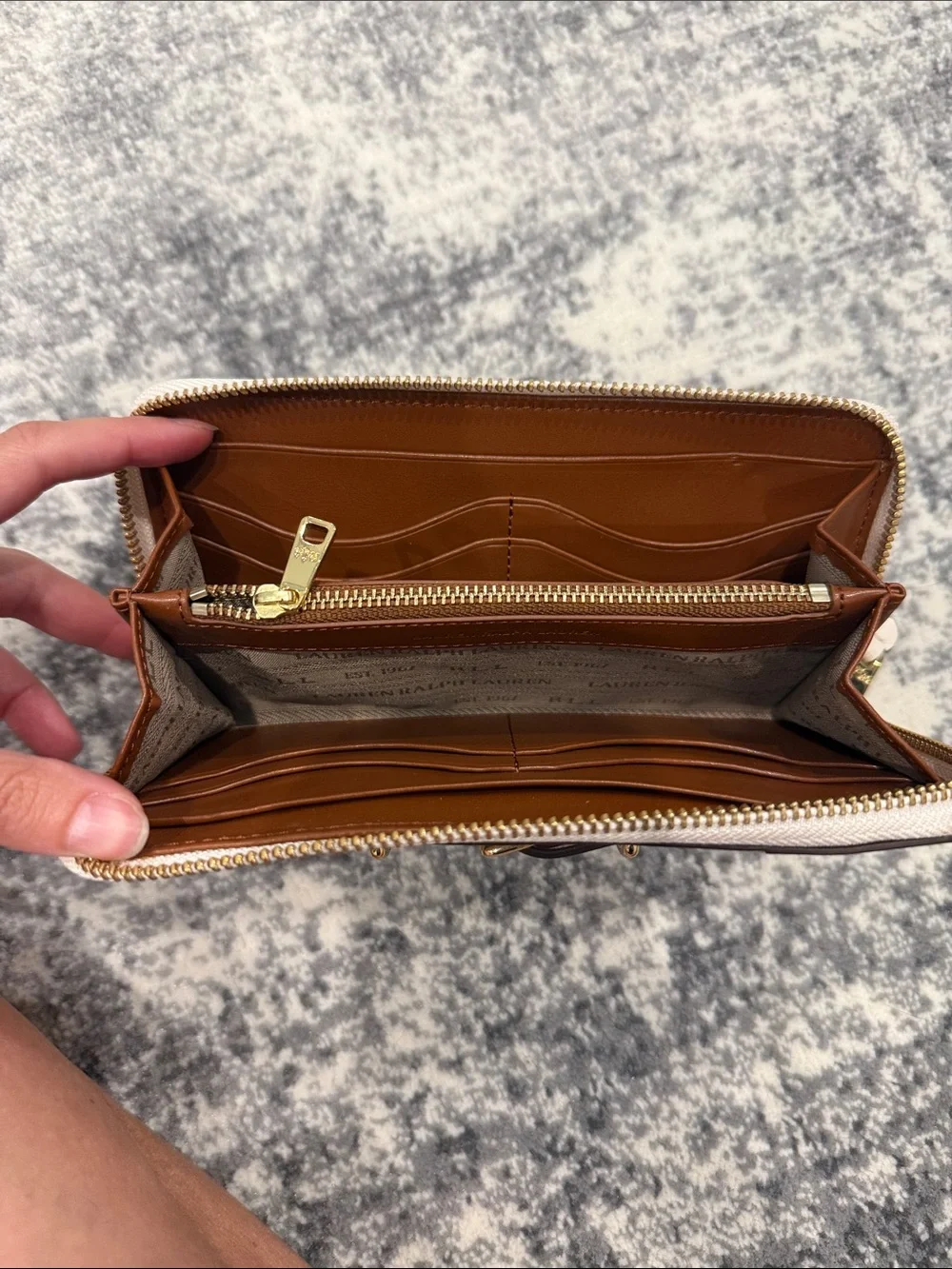 Lauren Ralph Lauren Cream Leather Zip Wallet with Gold Buckle Detail